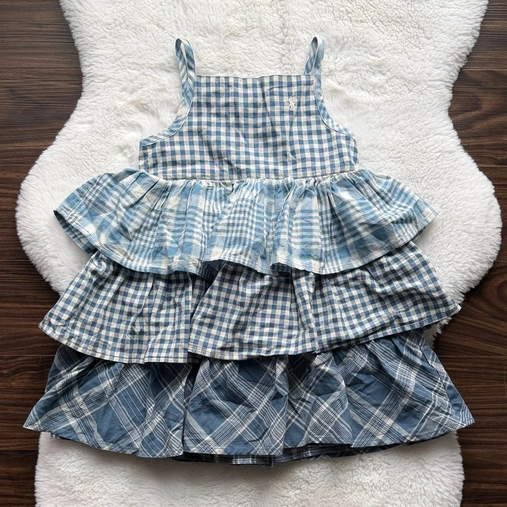 NWT Ralph Lauren Baby Gingham Madras Tiered Ruffle Cotton Dress BlueWhite 24 mos